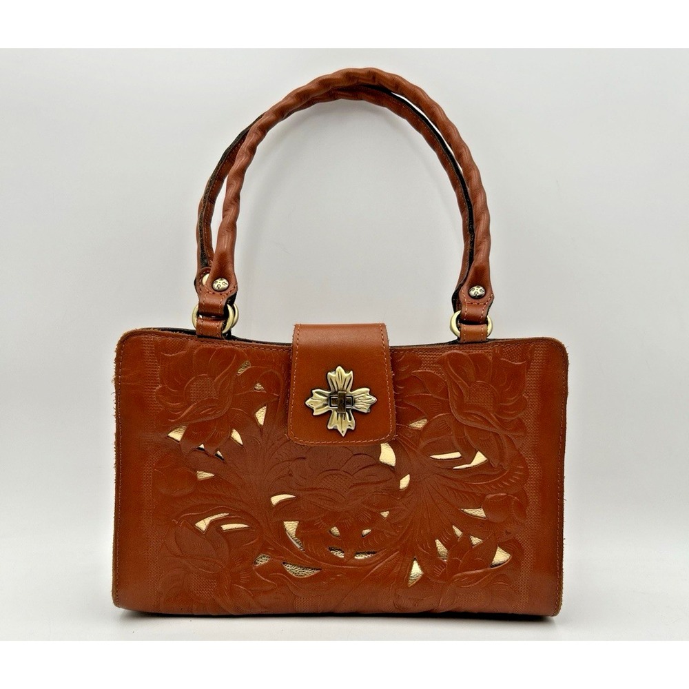 Patricia Nash Rosina Handbag Cutout Tooled Embossed Tan Leather Shoulder Bag